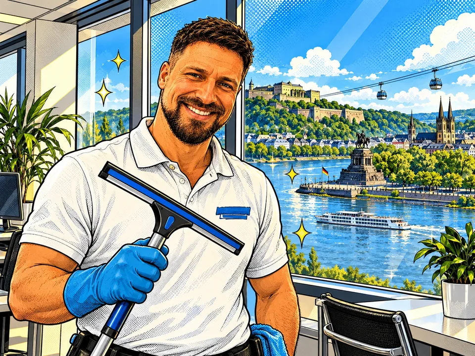 Erich als Comicfigur mit Fensterabzieher vor einer illustrierten Koblenzer Stadtkulisse